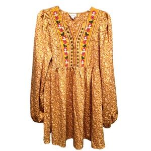 Heyson‎ Yellow Floral Embroidered Boho Babydoll Dress Long Sleeve Size M